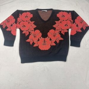 THREADNEEDLE STREET VTG BLACK RED POINSETTIA FLORAL HOLIDAY CHRISTMAS SWEATER M